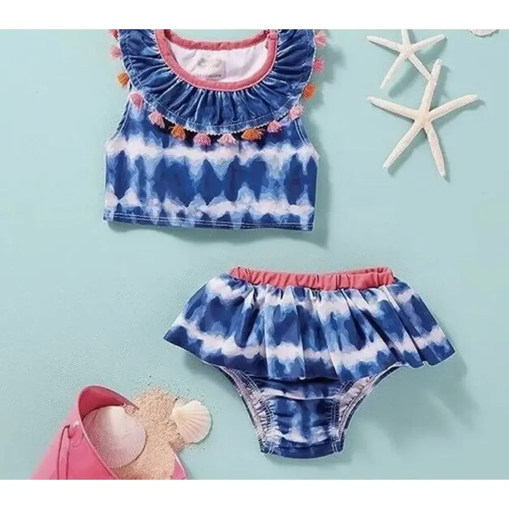 Mud Pie Tie Dye Swimsuit Bikini Baby 12 18 Months Girls Blue White Boho Toddler